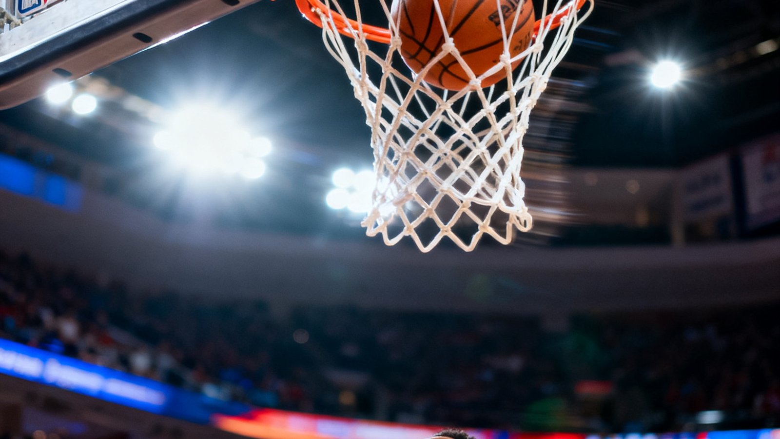NBA篮球直播画面，球员扣篮瞬间特写，篮球即将穿过篮筐，背景是明亮的球场灯光和观众席